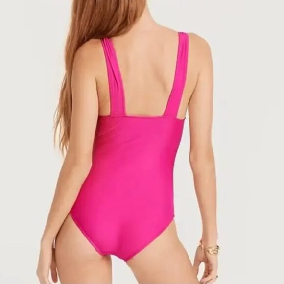 NWT J. Crew Long-Torso Ruched V-Neck One-Piece Swim Radiant Fuchsia Pink Size 4 - Picture 2 of 11